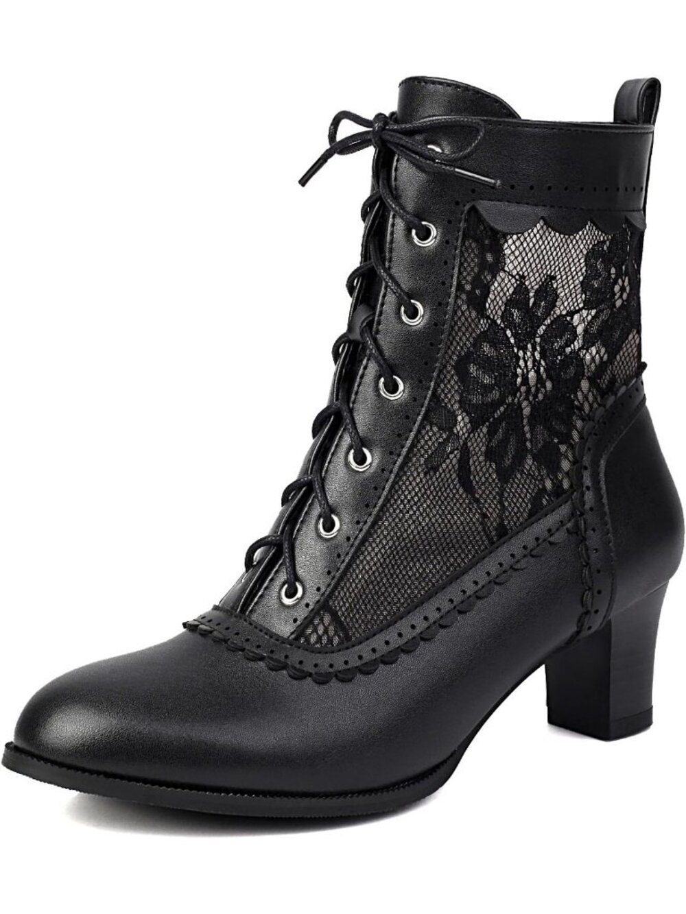 Women's Black Casual Lace Up Kitten Heel Round Toe Zipper Retro Ankle Boots